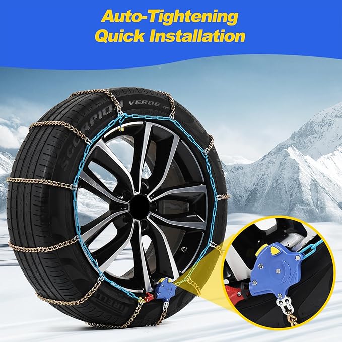 Auto Tightening Snow Chains for Cars, SUVs & Pickup Trucks – 1-Min Quick-Fit Auto Installation, Reusable Universal Emergency 
