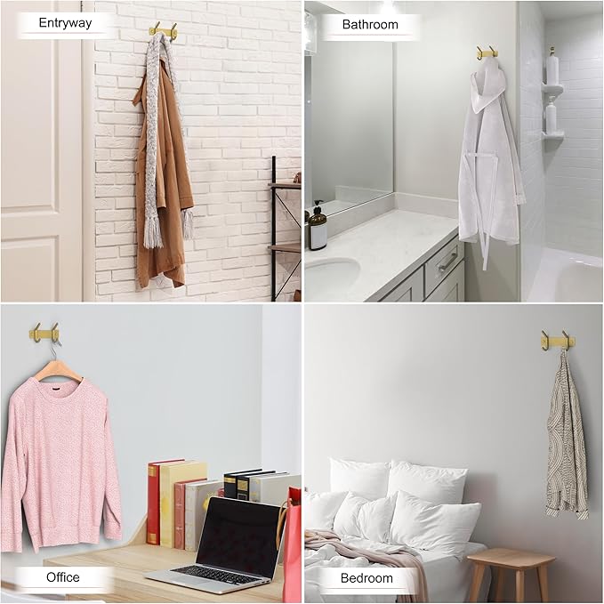 Brushed Gold Small Coat Rack Wall Mount – 6 Inch Stainless Steel Rail with 2 Double Coat Hooks for Entryway, Bathroom, Bedroo