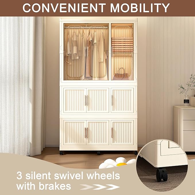 Portable Closet Wardrobe with Magnetic Doors, Foldable Armoire Wardrobe Closet with 1 Hanging Rod, 9 Cubes and 6 Hangers, Clo