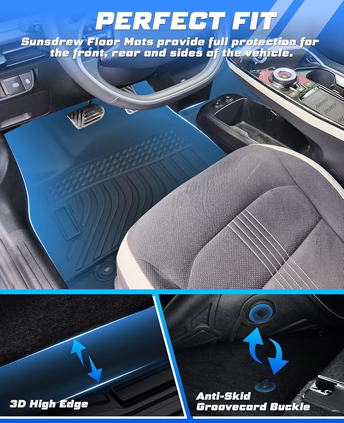 Sunsdrew Floor Mats for 2022-2024 Kia EV6 Accessories, All Weather Floor Liners Front Rear 2 Rows Car Mats TPE Rubber Raised Edge