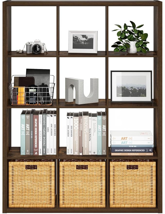 Furinno Cubicle Book Shelf, 12-Cube Bookshelf, Extra Thick Frame Reversible Bookcase with Open Back, 14.6" x 44" x 58", for L
