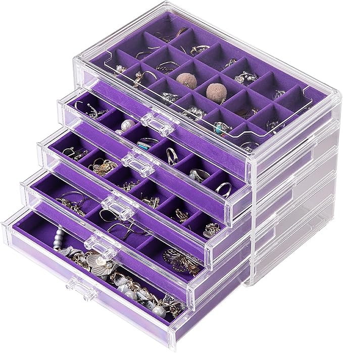 Frebeauty Acrylic Jewelry Organizer Earring Organizer Box with 5 Drawers Earring Holder Organizer with Velvet Trays Clear Jew