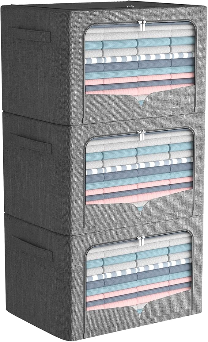 FHSQX 3 Pack Clothes Storage Bins - Foldable Metal Frame Storage Box - Stackable Linen Fabric Container Organizer Set with Ca