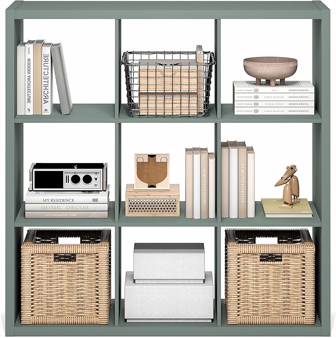Furinno Cubicle Book Shelf, 9-Cube Bookshelf, Extra Thick Frame Reversible Bookcase with Open Back, 14.6" x 44" x 44", for Li