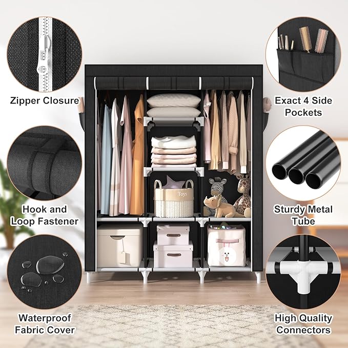 VTRIN Portable Closet, Large Capacity Portable Wardrobe with 2 Hanging Rods and 8 Storage Shelves, Sturdy Free Standing Close