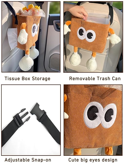 Car Cute 2 in 1 Trash Can with Tissue Holder Box Seat Back Bag Hanging over the Seat Organizer Plush Cartoon Animal Storage Garbage,Brown