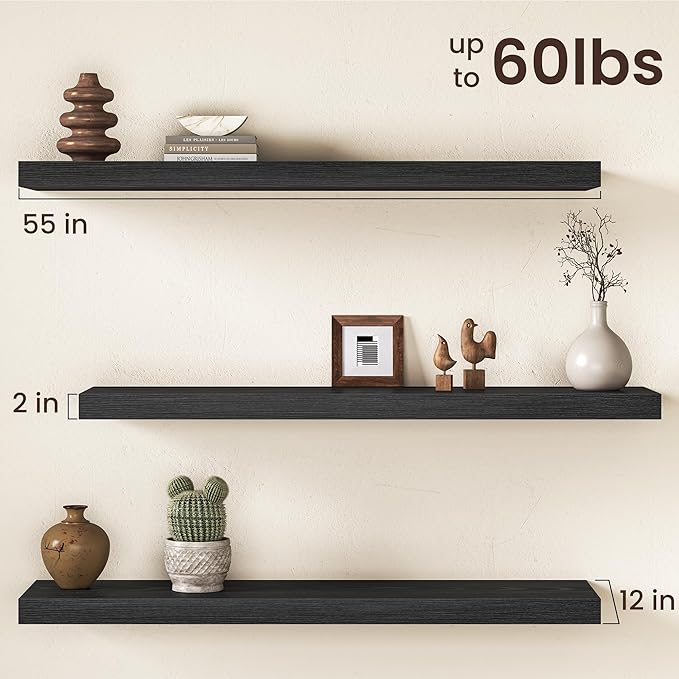Black Floating Shelves 55Inch Long, 12 Inch Deep Floating Shelves for Wall, 55 x 12 Large Floating Shelf for Fireplace Mantel