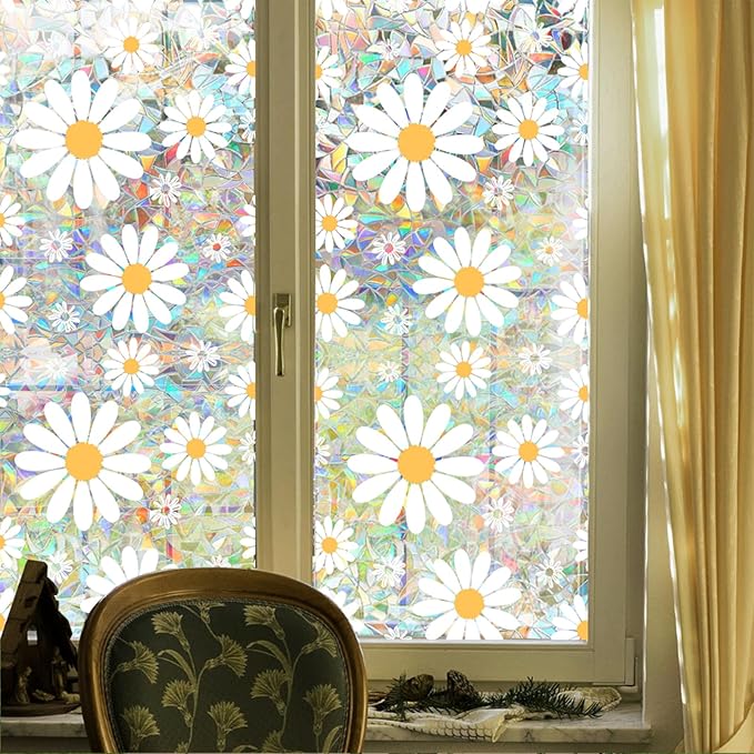 Niviy Window Privacy Film Daisy Flowers Stained Glass Window Film, Sun Blocking Glass Clings, Static Cling Rainbow Sticker Covering for Home Door (16.93 x 39.37inch)