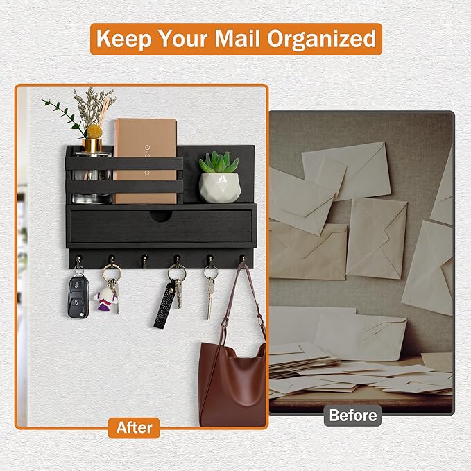 dreampossible Key and Mail Holder for Wall, Mail Organizer Wall Mount with 6 Hooks and Storage Drawer, Wooden Key Rack Hanger