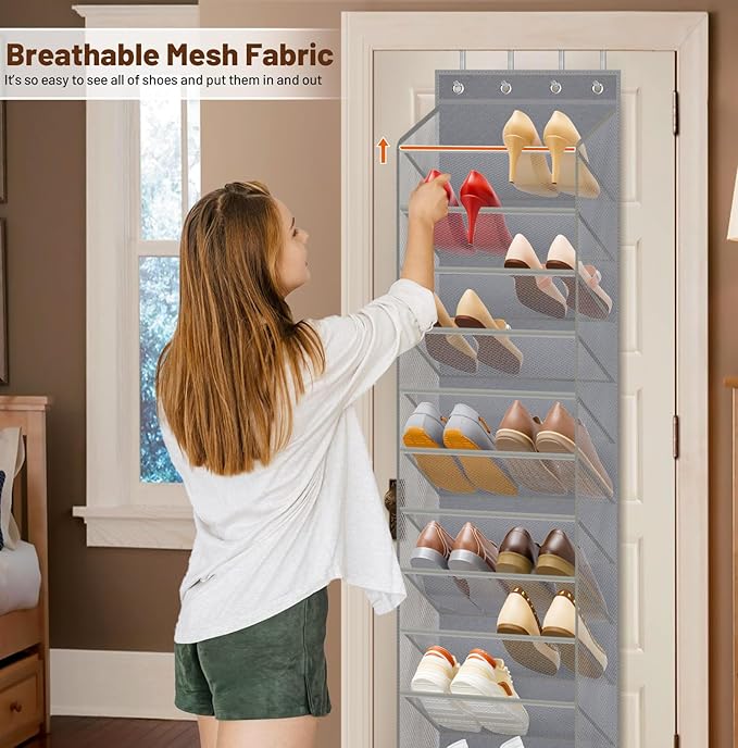 MISSLO 12 Tier Over the Door Shoe Organizer Breathable Mesh Hanging Shoe Rack for Closet Storage Shoe Holder for Door Fit 24 
