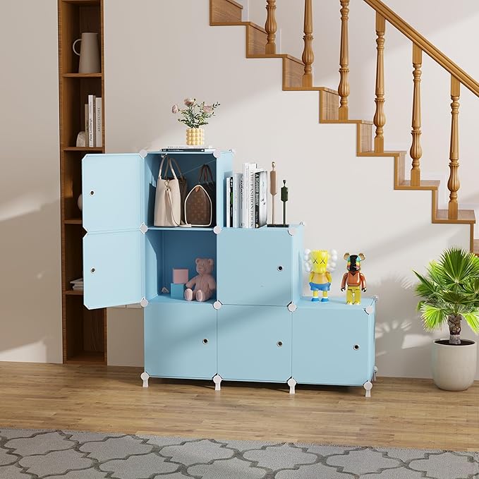 Cube Storage Organizer, 6-Cube Shelves Unit with Doors, DIY Stackable Plastic Clothes Organizer for Bedroom and Under Stairs 