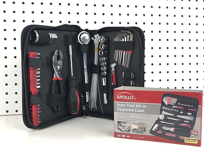 Apollo Tools 56 Piece Compact SAE Auto Tool Set in Zippered Case, Small Mechanic Tool Set for Car Emergency, Motorcycle Repai