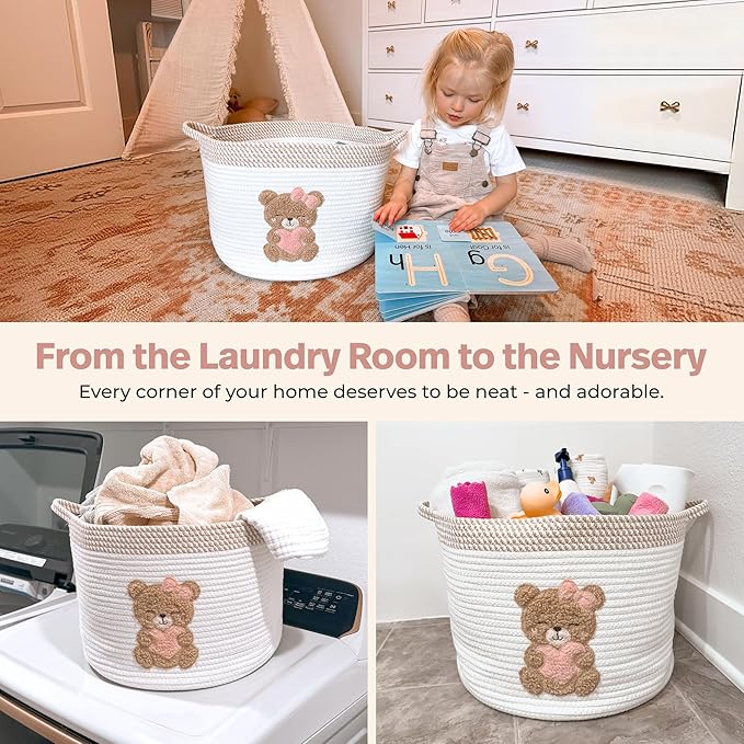 Pink Teddy Bear Storage Basket for Baby Girl Nursery – 15"x11" Cotton Rope Bin with Embroidered Bear Patch – Toy Organizer, B
