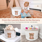 Pink Teddy Bear Storage Basket for Baby Girl Nursery – 15"x11" Cotton Rope Bin with Embroidered Bear Patch – Toy Organizer, B