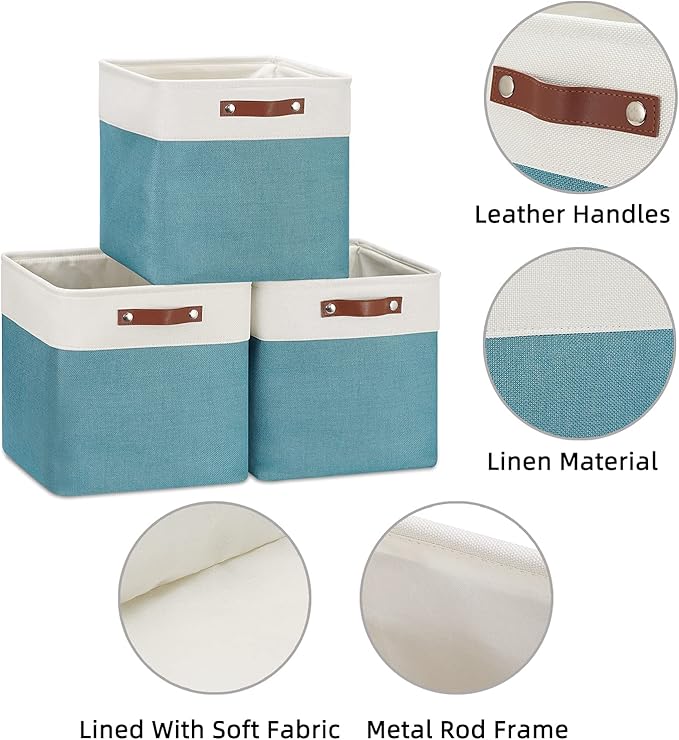 HNZIGE Foldable Storage Cubes & Baskets (3 Pack) - 13 Inch Storage Bin with Leather Handles for Toys, Clothes, Kids, Closet (