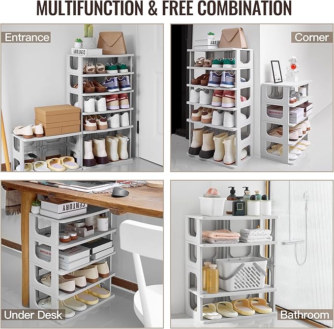 TRZZ 7-Tier Small Shoe Rack, Vertical Narrow Stackable Organizer with Removable Partition, Efficient Shoe Storage for Closet,