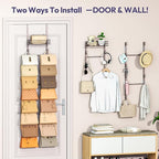 SWTYMIKI Over The Door Purse Organizer - Wall Mounted Handbag Organizer with 16 Hooks and Metal Basket, Hanging Purse Storage
