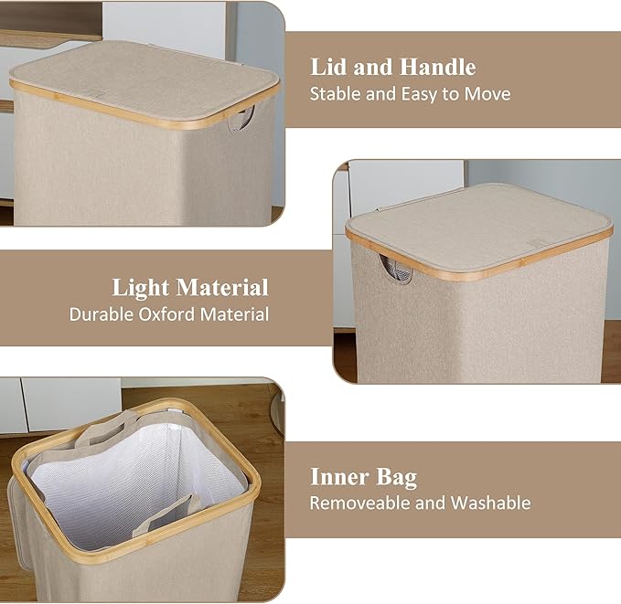 IEGrow Laundry Basket with Lid, Large Laundry Hamper with Handle and Lid, Collapsible Clothes Basket Organizer with Removable