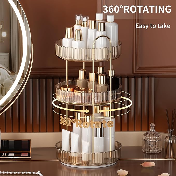 YCIA&DONE 360 Rotating Makeup Organizer and Storage for Vanity Countertop 3 Tiers, High Capacity Cosmetic Skincare Perfume Or