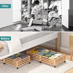 Wisuce Bamboo Under Bed Storage Containers- Underbed Organizer with Wheels with Large Dust Bag,Sturdy Wood Rolling Under the 