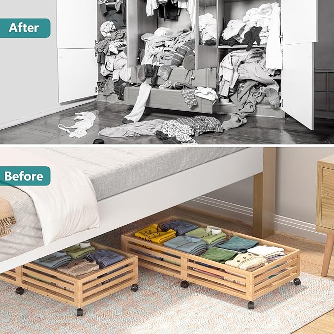 Wisuce Bamboo Under Bed Storage Containers- Underbed Organizer with Wheels with Large Dust Bag,Sturdy Wood Rolling Under the 