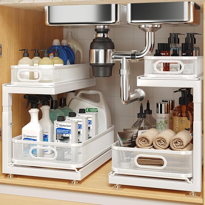 2-Pack Under Sink Storage Organizer with 2-Tier Slide Out Drawer, Sophisticated Mesh Pull Out Shelf for Kitchen & Bathroom, F
