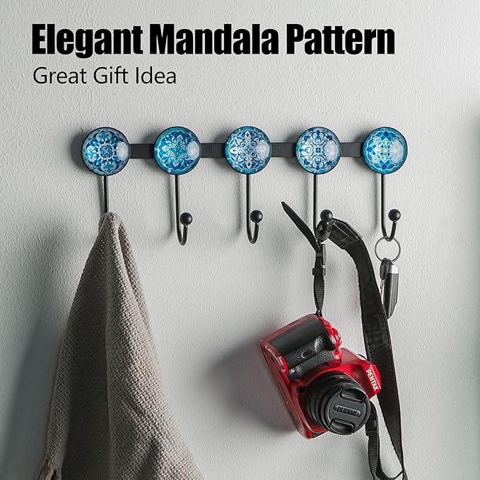 Boho Coat Rack Wall Mounted with 5 Hooks, Glacier Theme Mandala Pattern Decorative Wall Hooks for Hanging Hat, Key, Towel, Pu