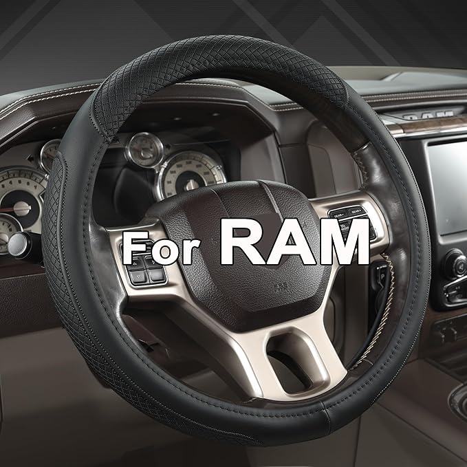 West Llama Customized Auto Car Steering Wheel Cover for Dodge RAM 1500 2500 3500, 15.5-16 inch(Black Line-Large Size)