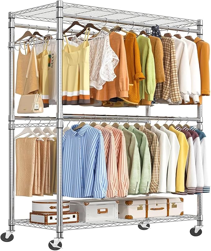 Simple Trending Heavy Duty Clothes Rack Clothing Rack with Wheels and 4 Hanging Rods, Adjustable Rolling Garment Racks, Load 