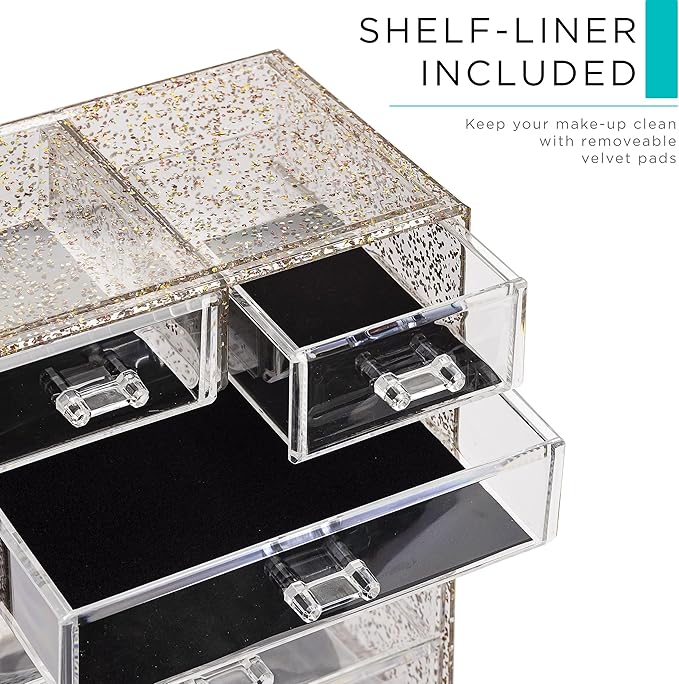 Sorbus Acrylic Makeup Organizer Set, 6-Drawer Vanity & Countertop Cosmetic Storage with Small & Wide Compartments, Glitter Ma