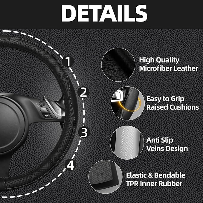 NBTEPEM Microfiber Steering Wheel Cover and Waterproof Car Floor Mats, Universal Fit Most Truck, SUV, Cars, 14.5-15inch Sporty Steering Wheel Covers with Anti-Slip Lining (Black with Black line)