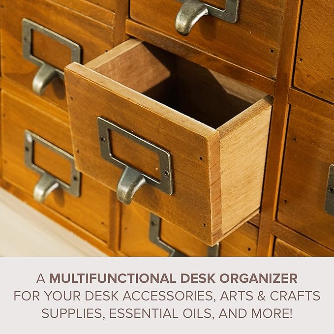 Card Catalog Desk Drawer Organizer - Wooden Storage Box with 16 Drawers - Home Office Desk Organizer Curio Cabinet - Rustic D
