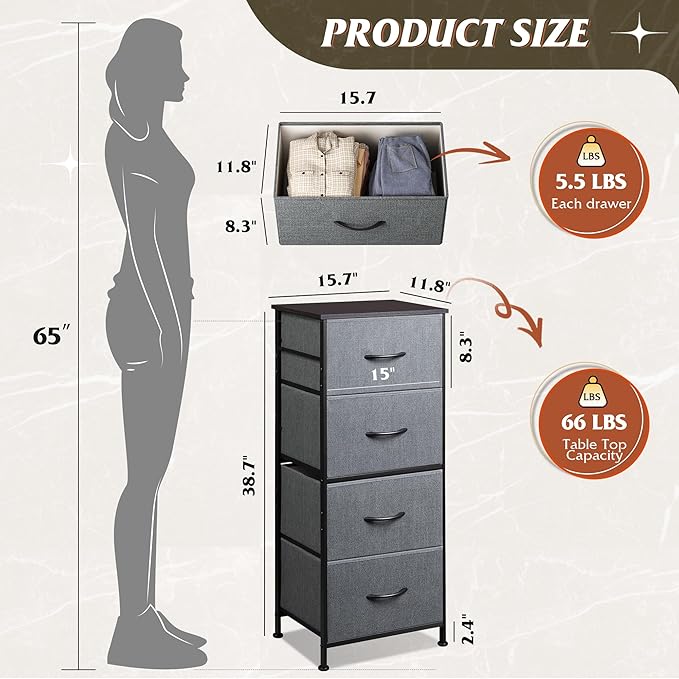WLIVE Dresser with 4 Drawers, Storage Tower, Organizer Unit, Fabric Dresser for Bedroom, Hallway, Entryway, Closets, Sturdy S