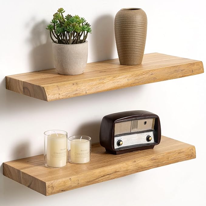 Fun Memories Floating Shelves for Wall Decor Set of 2-20 Inch Solid Elm Wood Live Edge - Rustic Natural Wall Shelves with Inv