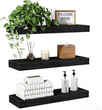 Set of 3 Farmhouse Solid Wood Floating Shelves 22.5 inch Black Wall Mounted Storage Shelves for Bathroom Over Toilet, Bedroom