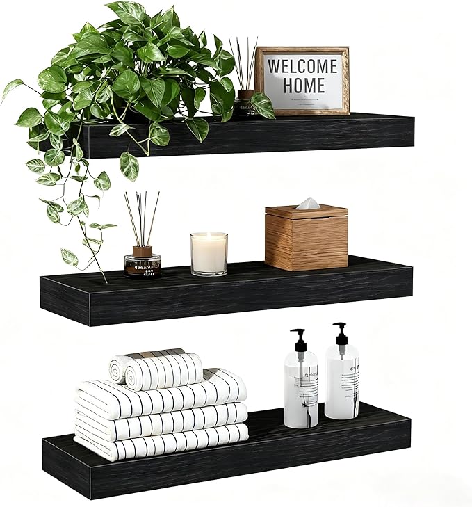 Set of 3 Farmhouse Solid Wood Floating Shelves 22.5 inch Black Wall Mounted Storage Shelves for Bathroom Over Toilet, Bedroom