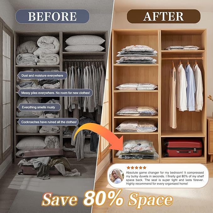 QcoQce Vacuum Storage Bags with Rechargeable Electric Pump, Space Saver Bags for Travel, Vacuum Seal Bags for Clothing, Beddi