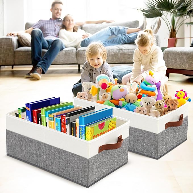 3 Pack Large Capacity Storage Bins Closet Organizer for Shelves, Fabric Closet Storage Baskets Boxes with Leather Handles for
