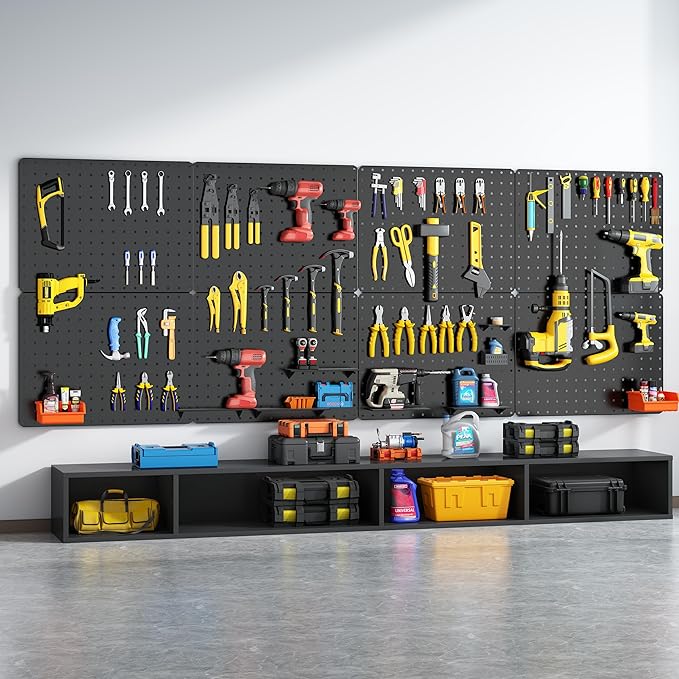 Peg Board, 114PCS Heavy Duty Metal Pegboard with Hooks, 8 Pack Black Peg Board Panels, 60lbs Load Capacity Each, Pegboard Wal