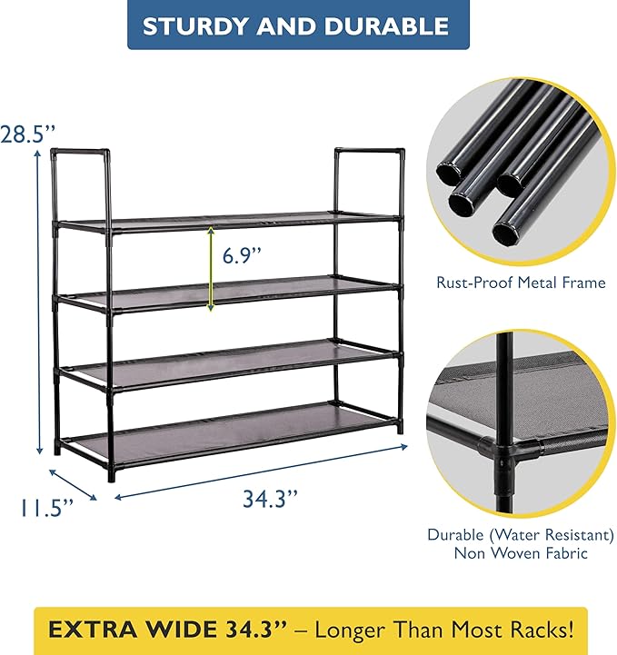 Sundaze Shoe Rack - 4 Tier Shoe Rack for Front Door Entrance, Sturdy Long Shoe Organizer for Closet, Bedroom, Entryway, Garag