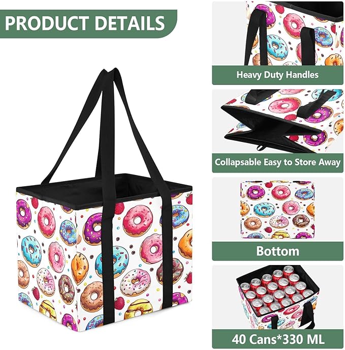 Donuts Pattern Reusable Grocery Bags Large Shopping Tote Bag with Reinforced Bottom Board, Water Resistant Foldable Storage B