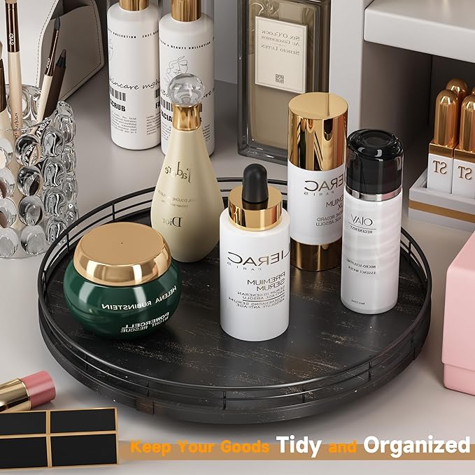 13" Oak Bathroom Vanity Tray Turntable for Perfume Candle, Round Wooden Decorative Tray for Kitchen Sink Countertop Organizer