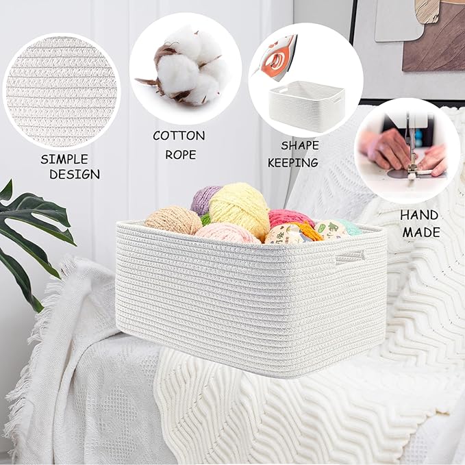 COMFY-HOMI 3 pcs Large Storage Baskets for Shelves, Laundry Basket, Woven Rope Basket, Closet Organizer Bins for Clothes Blan