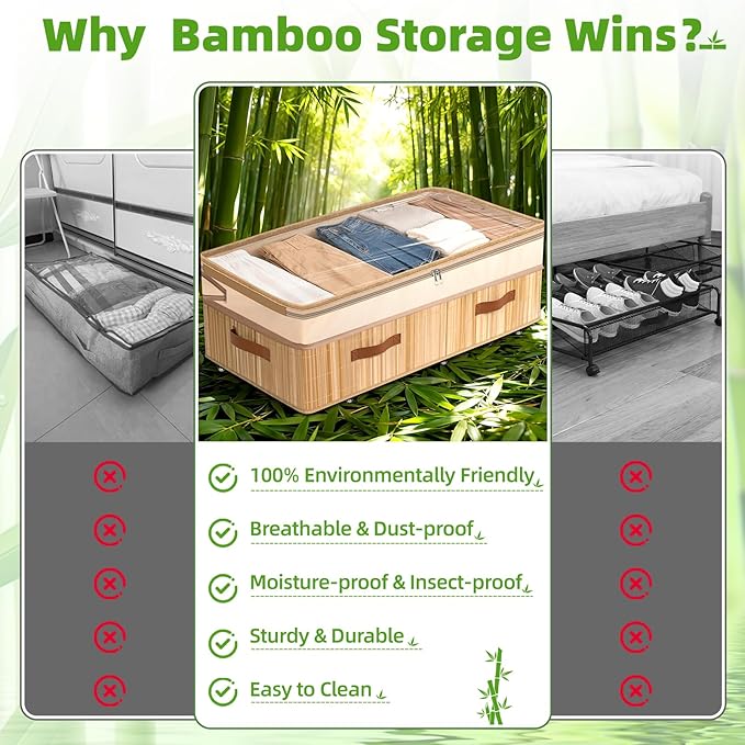 Livole Bamboo Under Bed Storage with Wheels, 6-10 inches Height Adjustable Underbed Storage Containers, 92L XXXL Large Rollin