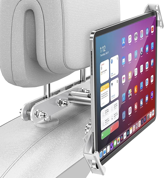 AboveTEK Tablet Holder for Car Headrest- Anti-Theft iPad Car Holder Back Seat, Secure Locking System with 360° Swivel, Universal for 4-11" Tablets, Durable Aluminum Mount for Travel & Business, Silver