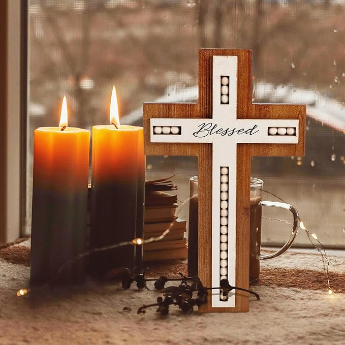 OKSQW Wall Wooden Cross Christians Cross Spiritual Religious Gifts With Hook on Hanging Wall Or Table With Blessed and Wood B