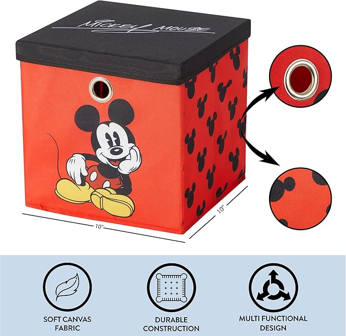 Idea Nuova Disney Mickey Mouse Collapsible Fabric Storage Cube,10” Organizer Bin with Lid for Bedroom, Playroom, and Closet