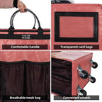 Reusable Grocery Bag On Wheels Shopping Trolley with 8 Pockets and Zipper Cover Foldable Rolling Tote, Heavy Duty Handles, Carries Up to 66 LBS (Large, Pink)