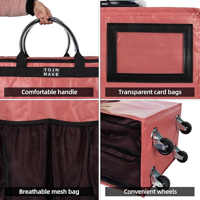Reusable Grocery Bag On Wheels Shopping Trolley with 8 Pockets and Zipper Cover Foldable Rolling Tote, Heavy Duty Handles, Carries Up to 66 LBS (Large, Pink)