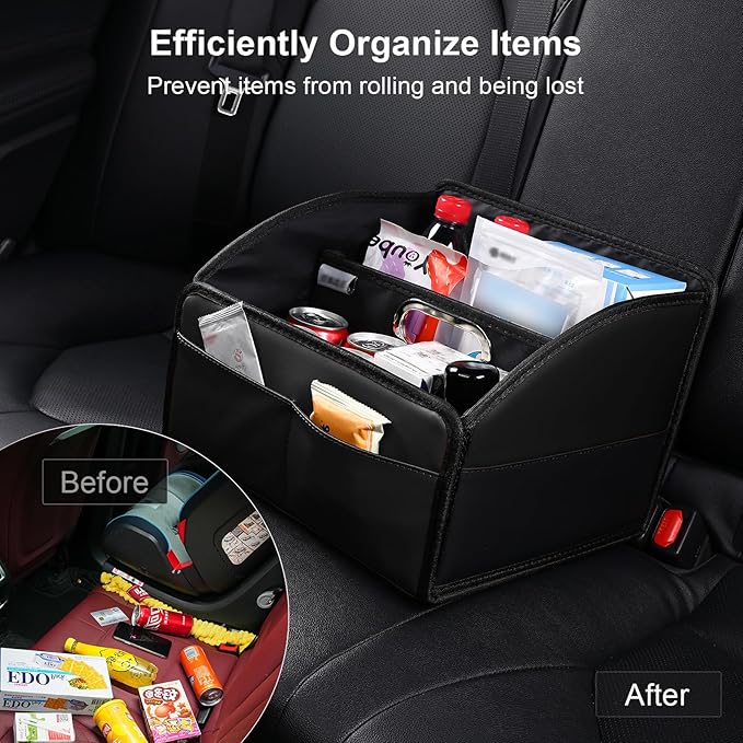 Car Storage Organizer [2025 UPDATED] Leather Car Caddy Basket for Front Seat Floor Back Seats Metal Handle 6 Compartments Adj